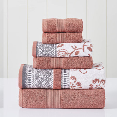 LuxWeave 6-Piece Towel Set: 2 Bath, 2 Hand, 2 Washcloths - Yarn Dyed Jacquard & Solid in Ophelia Clay