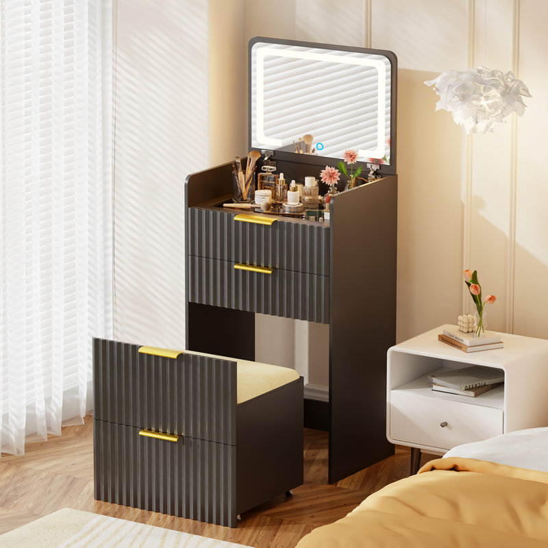 Compact Vanity Desk With Flip-up Led Mirror, Glass Drawer, And Hidden Stool Storage, Black