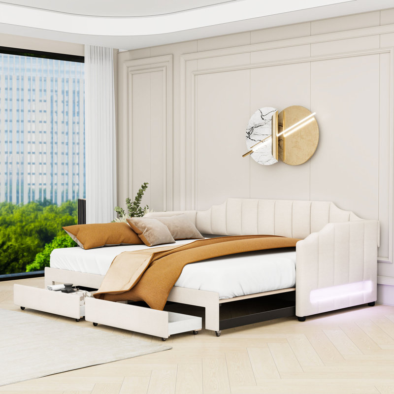 Lit de jour simple rembourré extensible de taille XL avec éclairage à DEL et tiroirs de rangement, Beige