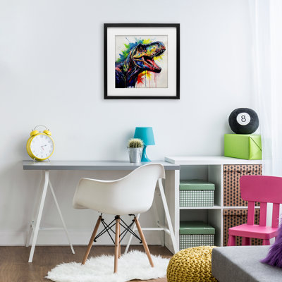 Colorful T-Rex Roaring Framed Print Under Glass, design by Creative Studio