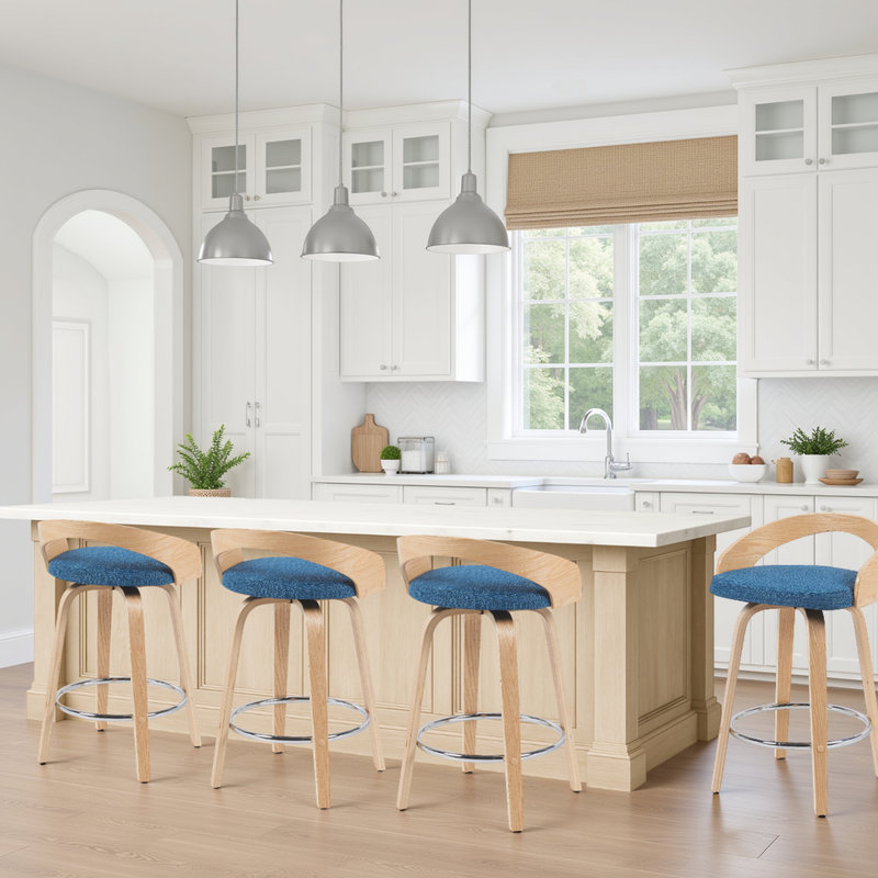 Maxime Modern Swivel Bar or Counter Stool with Upholstered Seat and Curved Wood Back, Bar Stool (30" Seat Height), Blue, 4