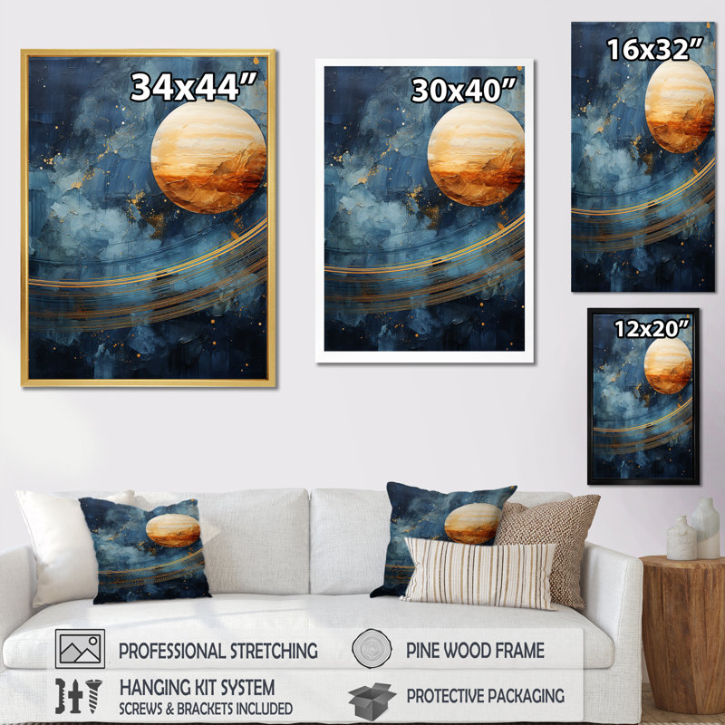 Impression sur toile Sapphire Saturn Cosmic Wonder I, Cadre flottant doré, H 20 po x l 12 po x P 1 po