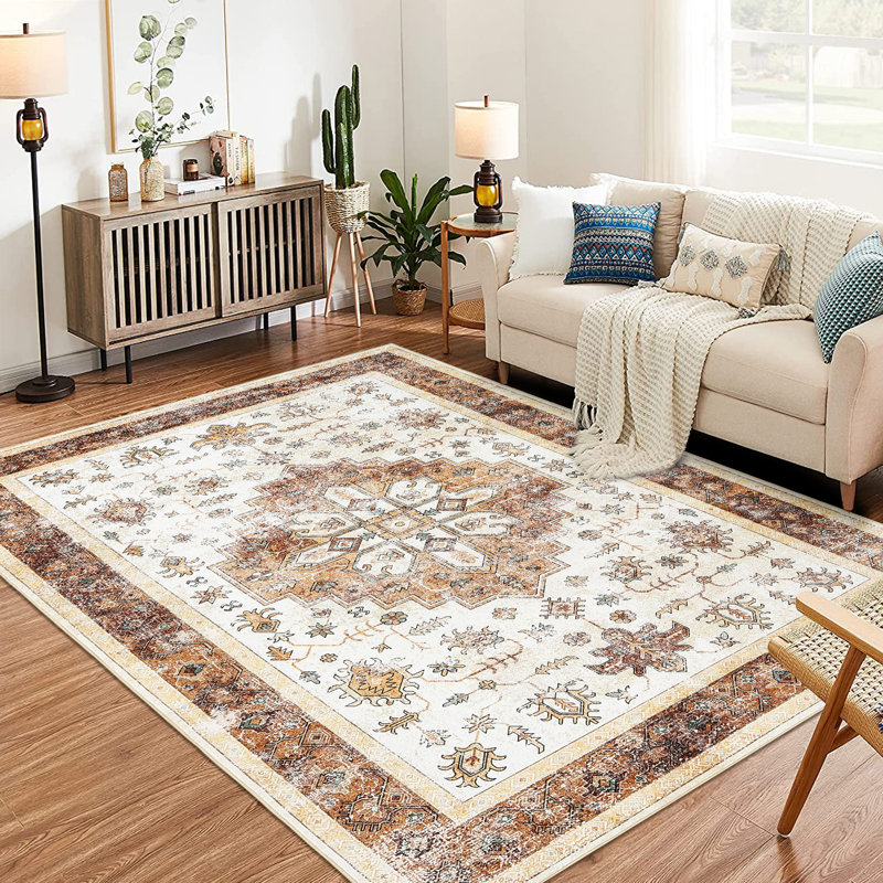 Washable Area Rug, Vintage Printed Low Pile Non Slip Foldable Polyester Carpet, for Living Room Bedroom, Camel Tone, 5'x7'