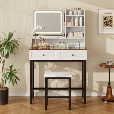 Makeup Vanity With LED Lighted Mirror, 360° Rotatable, 2 Drawers, Power Outlets, And 3-Tier Shelves, Amber Glass Top, Metal Legs, Stool
