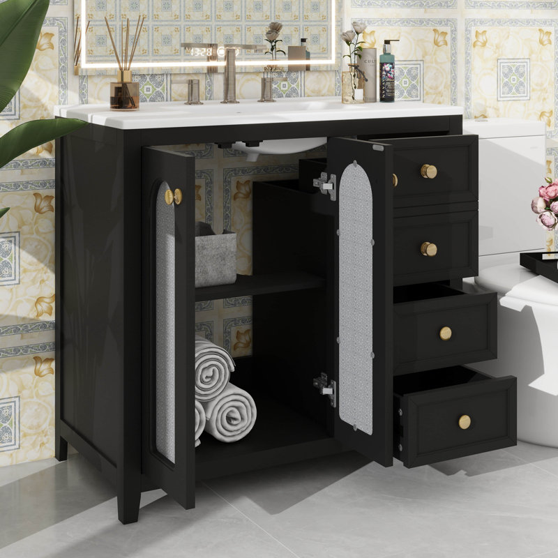 Ensemble de meuble-lavabo 36 po avec lavabo en céramique, armoire de rangement classique avec 2 portes en verre à fermeture en douceur classiques, tablettes réglables et trois tiroirs à fermeture en douceur