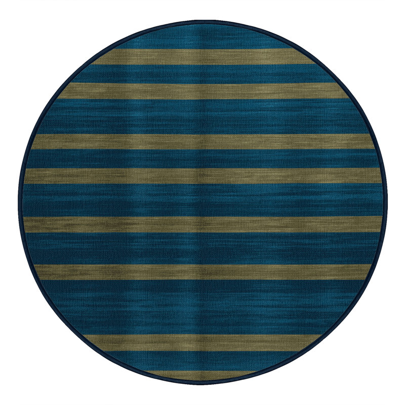 Tapis bleu à rayures horizontales lavable à la machine, Rond 4 pi