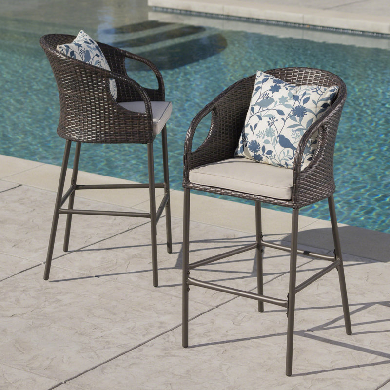 Outdoor PE Rattan Barstools With Waterproof Cushions, Set Of 2