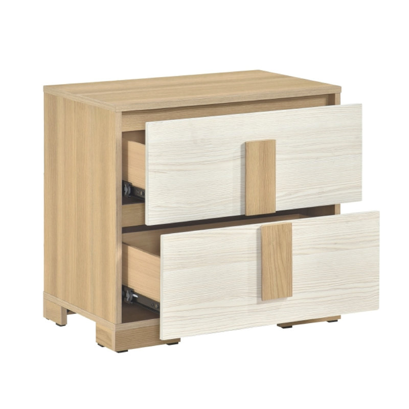 Table de chevet Kery, 2 tiroirs avec poignées de tableau, brun naturel et bois blanc