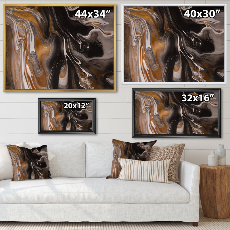 «Black and Brown Marble Universe», peinture sur toile, H 16 po x l 32 po, Cadre flottant noir