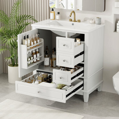 Meuble-lavabo 30 po avec lavabo, une porte avec tablette et trois tiroirs, porte à fermeture douce, blanc
