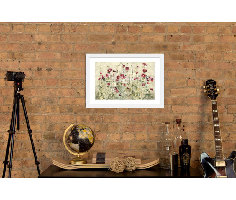 «Hollyhocks Row Cool» - Imprimé, H 40 po x l 60 po x P 1,5 po, Toile avec cadre noir patiné