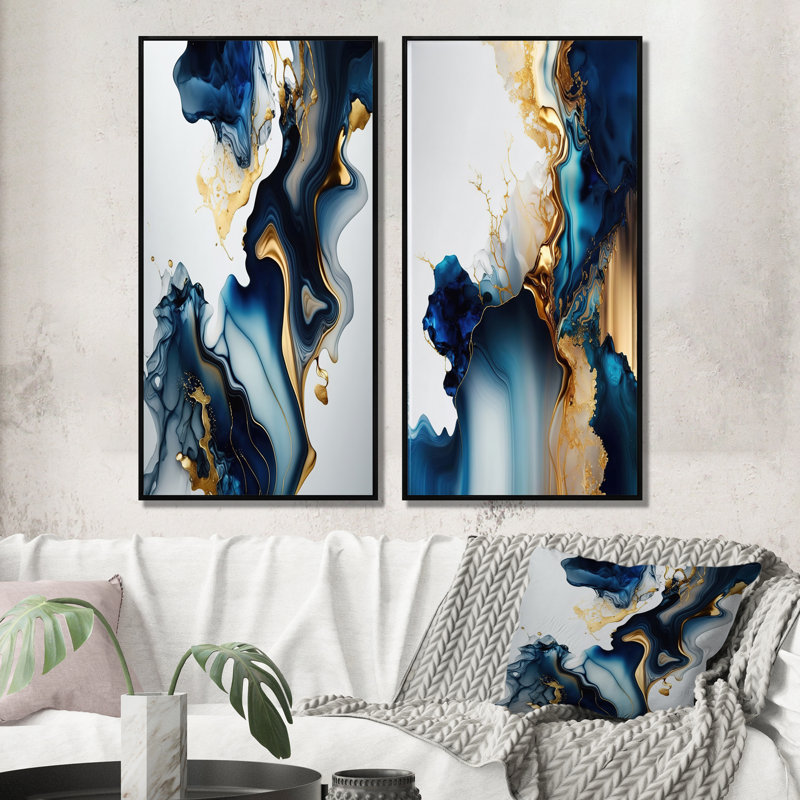 «Abstract Geode Marble Blue I», 2 pièces, Cadre noir, H 20 po x l 24 po
