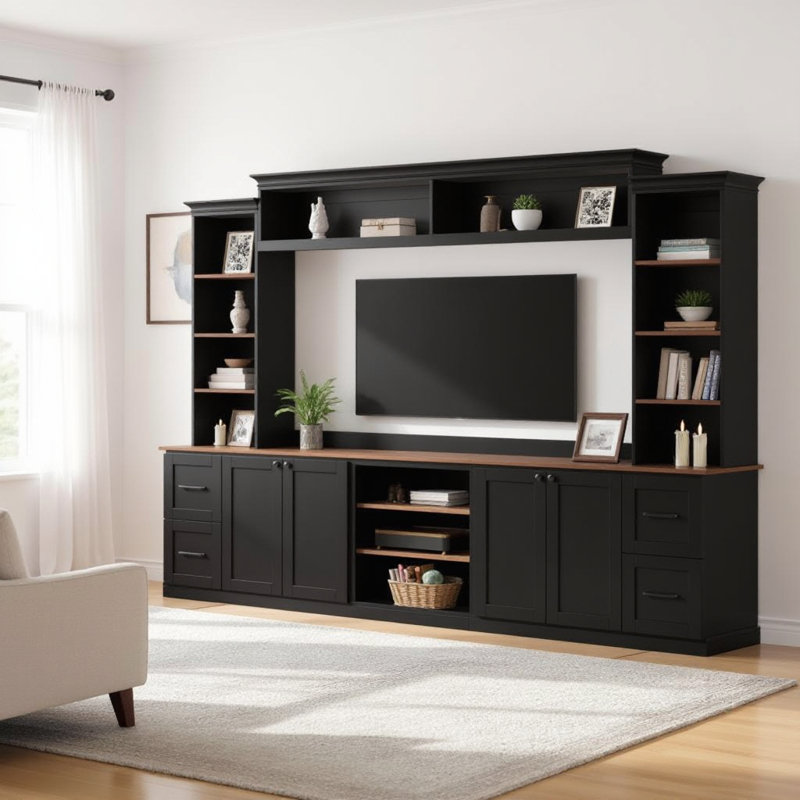 Grande armoire de divertissement de style campagnard noir avec tablette réglable en noyer pour téléviseur quatre en un