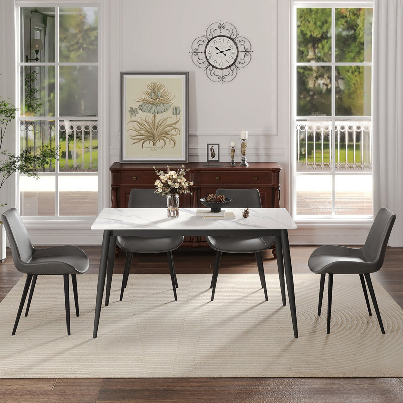 Table de salle à manger 55,12 po en pierre artificielle moderne à rebord droit et pieds en métal noir pouvant accueillir 6 personnes (table de salle à manger seulement)