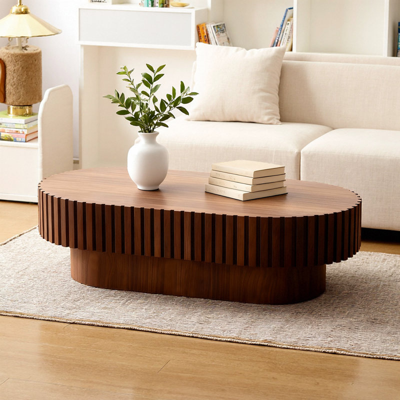 Table basse Mid-Century moderne cannelée ovale avec base piédestal