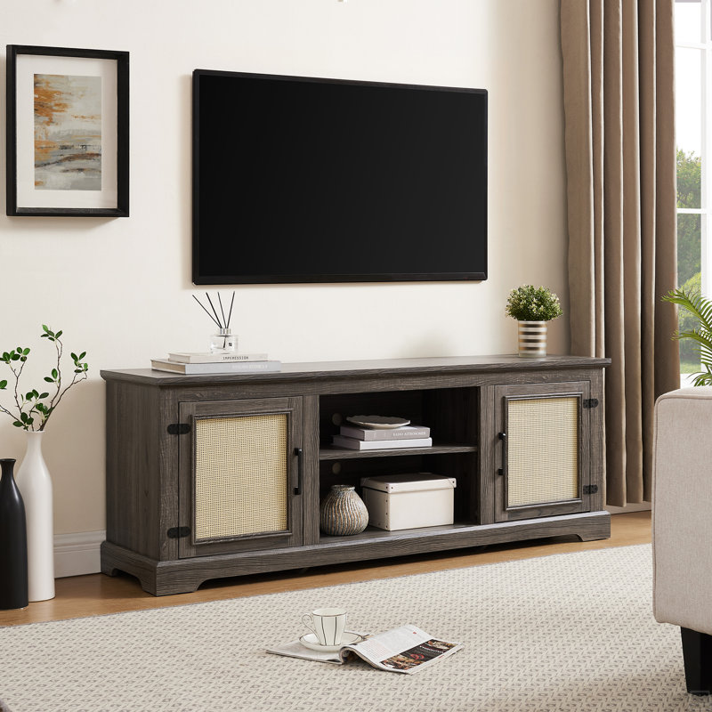 Meuble télé en rotin pour téléviseur de 70 po ou moins, console avec 2 tablettes de rangement, Gris
