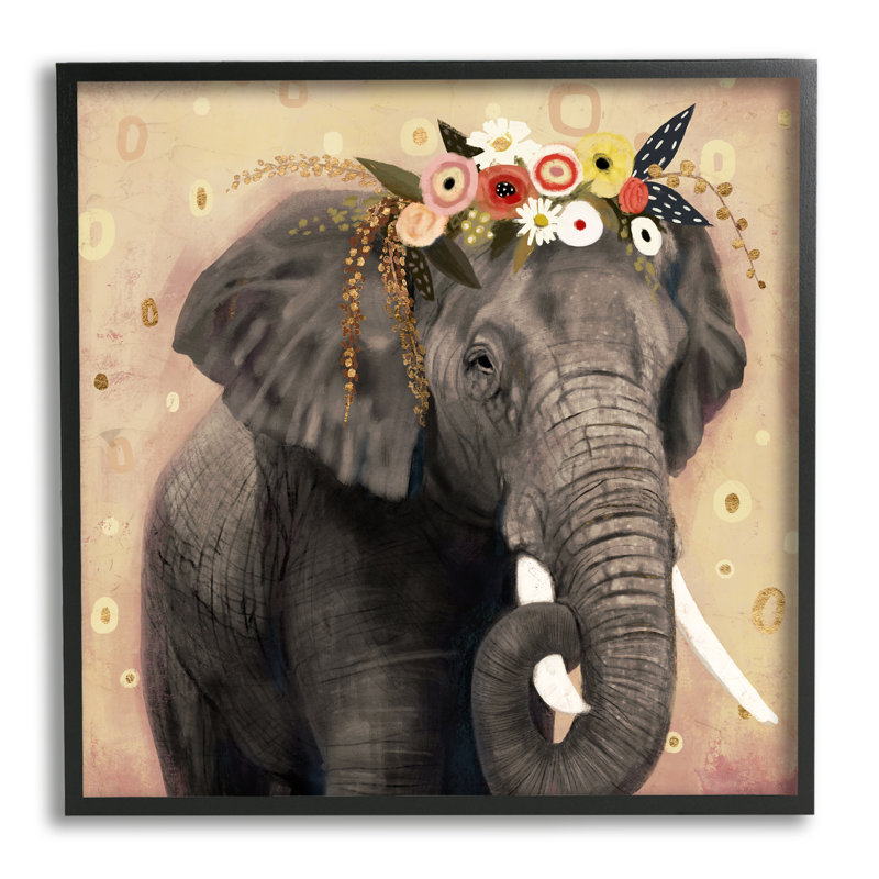 Éléphant, grandes défenses, couronne de fleurs, motif abstrait, impression, H 12 po x l 12 po x P 1,5 po