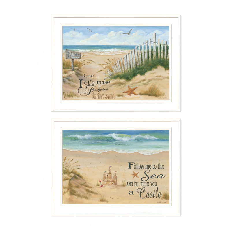 Ensemble de deux châteaux de sable et empreintes de pas, art mural