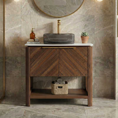 30" Modern Bathroom Vanity with Sintered Stone Top, Black Glass Vessel Sink, 3D Textured Doors, Open Shelf Storage & Soft-Close Doors