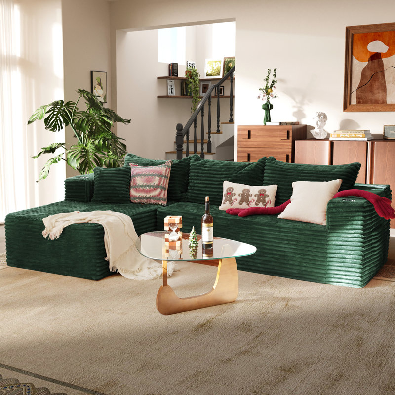 Sectional Upholstered L-Shaped Compression Sofa With Chaise Lounge, Green, Left Hand Facing, Green, Left Hand Facing
