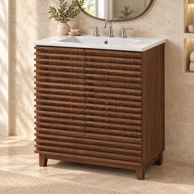 Meuble-lavabo autoportant de 30 pouces avec comptoir en céramique blanc, portes doubles cannelées, tiroir à fermeture en douceur et tablette réglable, brun noyer