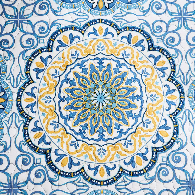 Housse de lit de jour 6 pièces réversible en bleu avec revers rayé et imprimé médaillon, convient à un lit simple, comprend une housse, 3 taies décoratives, 1 coussin décoratif, bleu lavable à la machine, grand revers