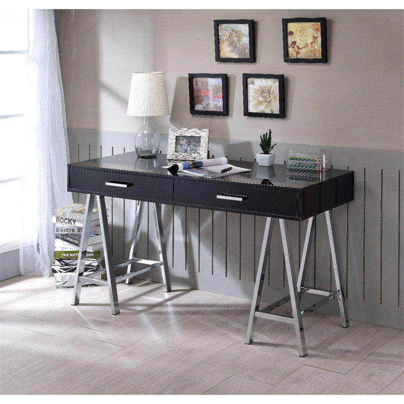 Bureau d'écriture avec prise encastrée Burgener, Noir/chrome