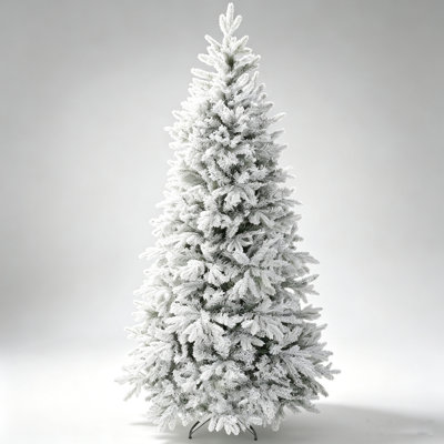 7.5 Ft Full Spruce Snow Flocked Artificial Christmas Tree With 1762 Lifelike Molded Branch Tips 51.2 Inch Assembled Width Hinged Branches Fire Retardant Material Foldable Metal Stand For Winter Home Holiday Decor