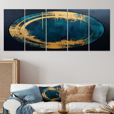 Full Moon Glory Gold Navy Blue - Minimalism Wall Art Decor 5 Piece