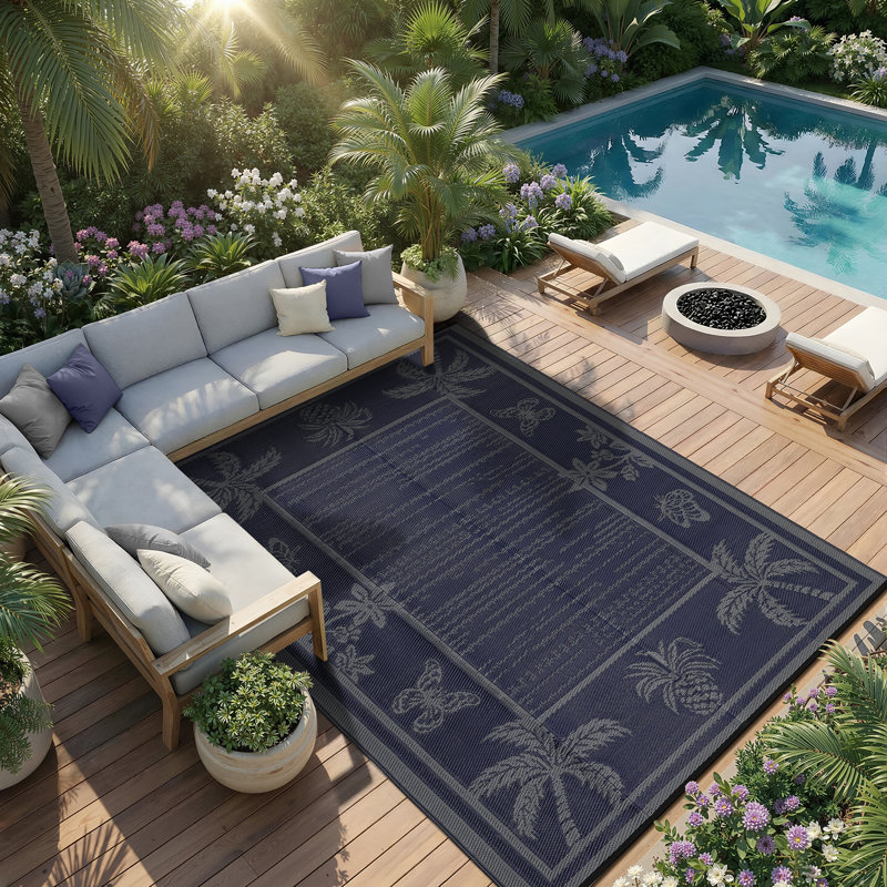 Tapis d'extérieur Botanical Reversible, Marine, Rectangulaire 8 pi x 10 pi