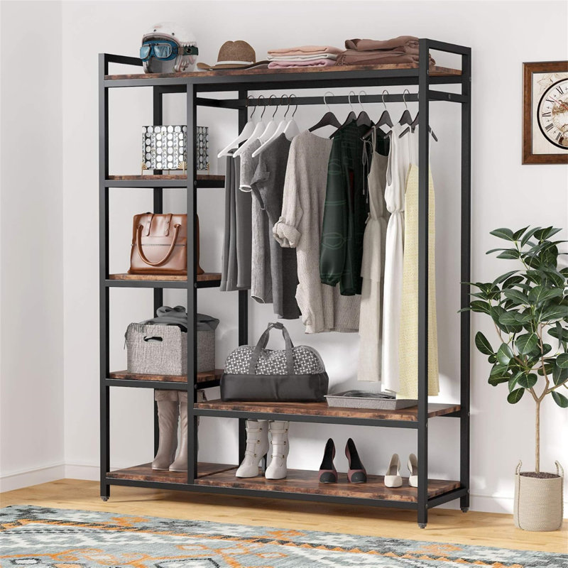 Organisateur de garde-robe autoportant 47,24 "brun rustique avec 6 tablettes de rangement et barre de suspension