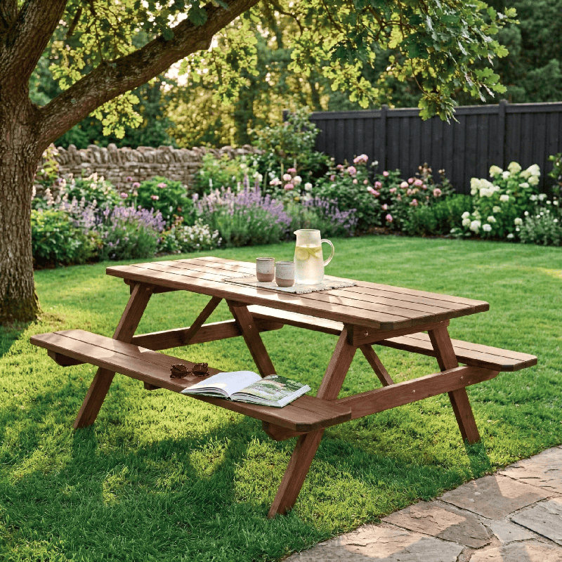  Table en cèdre rouge 8 pi avec bancs attachés, teinture naturelle, Teinture naturelle, 8 pieds