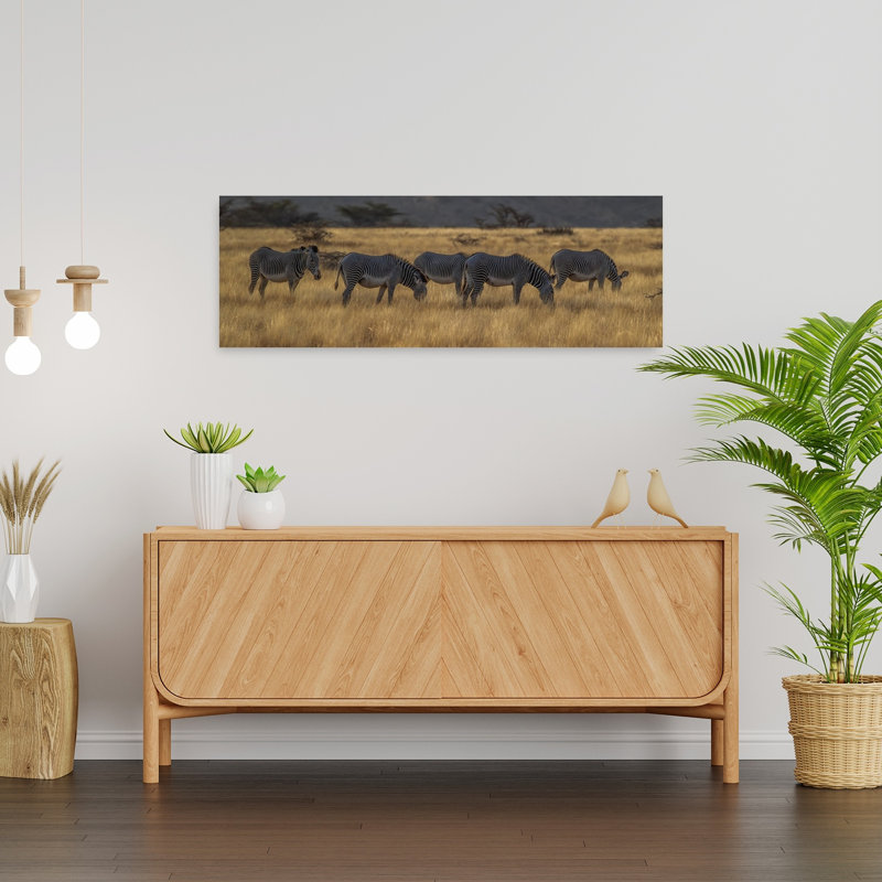 «Grazing Grevy Zebras Contemporary Zebra Landscape Nature», art mural, H 12 po x l 36 po