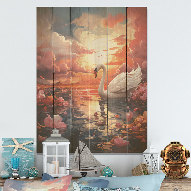 Graceful Mirage Swans - cygnes, art sur bois de pin naturel, H 20 po x l 10 po