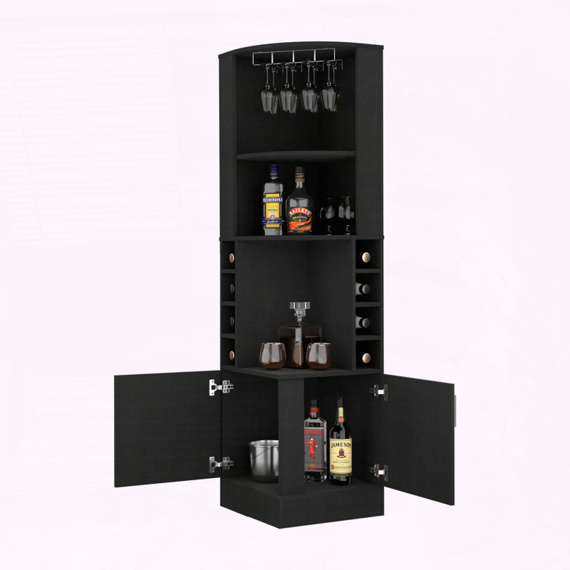 Syrah Corner Bar Cabinet with Wine Glass Rack and Bottle Cubbies, Black