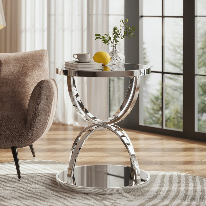 Table d'appoint moderne en verre 19,69 po avec 2 niveaux, cadres en forme d'anneau, finition chromée et verre trempé gris, table basse ronde, table de chevet pour le salon, la chambre à coucher et le bureau, argent