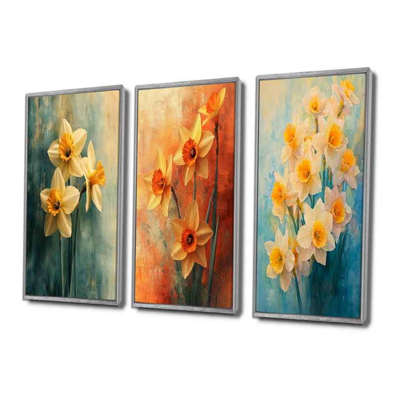 «Daffodil Radiance In Pastels Impressionist I» - Collection d'art mural jonquilles, H 32 po x l 48 po, Argent argent