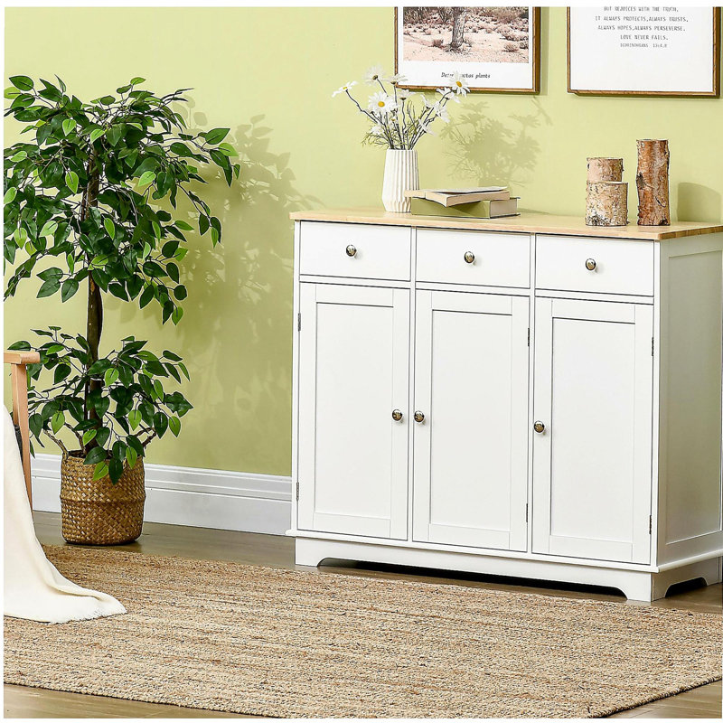Buffet HOMcom avec comptoir en bois massif, armoire de rangement de cuisine moderne, avec 3 portes de tiroir et armoire à café à tablette réglable, blanc