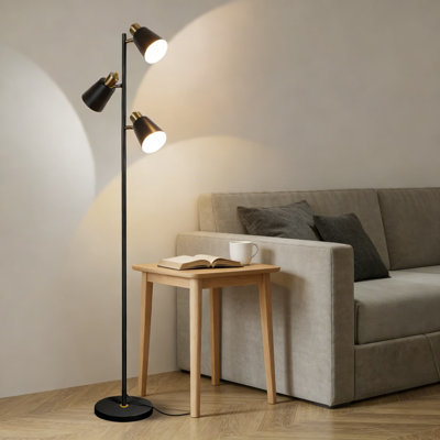 Industrial Floor Lamp With 3 Adjustable Heads, Dimmable LED Bulbs, And 360° Rotation - Standing Pole Lamp For Living Room, Bedroom, Or Office Lighting