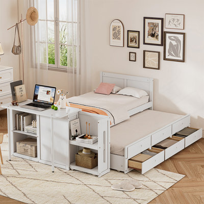 Lit plateforme simple en bois multifonctionnel avec bureau et tablette de rangement au bout du lit, lit gigogne intégré et 3 tiroirs