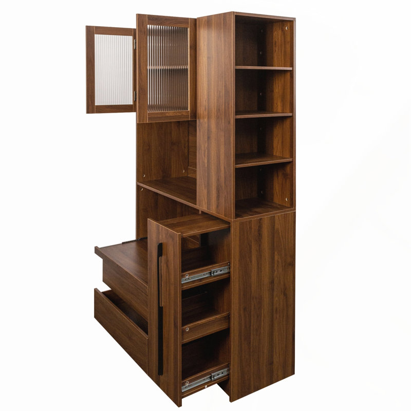 Grand garde-manger avec rangement à plusieurs niveaux, porte en verre et support à micro-ondes pour une organisation efficace