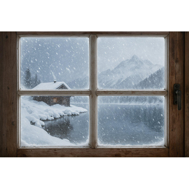«Cabin in the Storm - Winter Window View Landscape», art mural, H 24 po x l 36 po