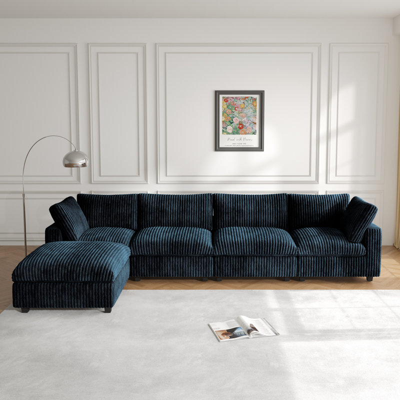 Canapé 5 pièces modulaire à accoudoirs larges avec repose-pieds, Velours noir