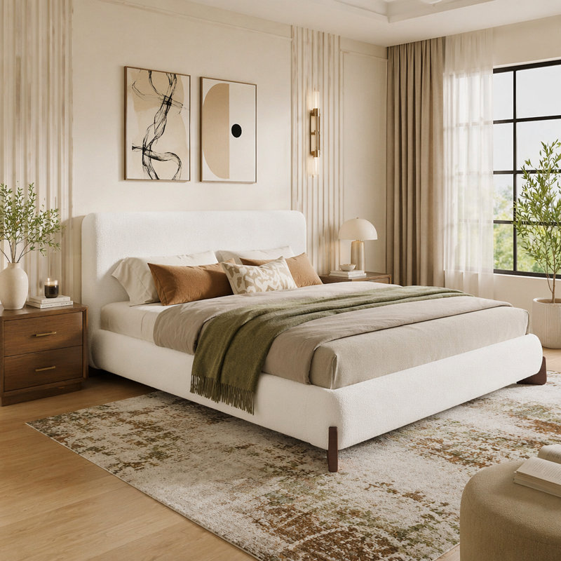 Lit tapissier, White Fabric+Dark Brown Legs, Queen