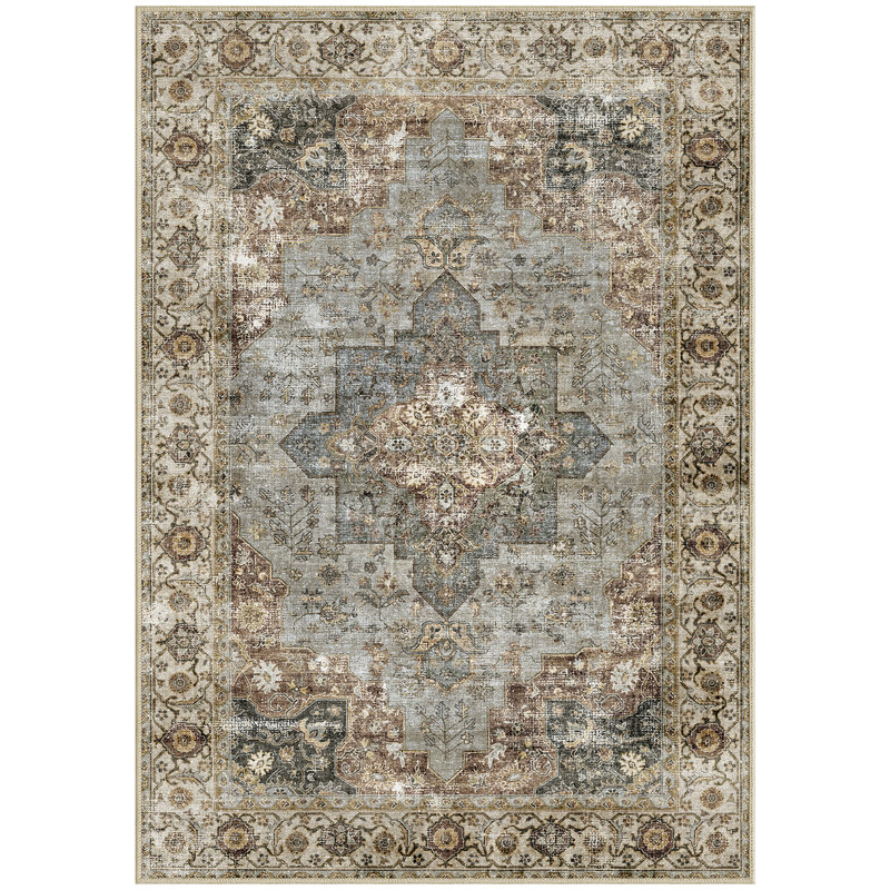 Tapis oriental en polyester tissé à la machine en brun, Rectangle 2 pi x 2 pi 10 po