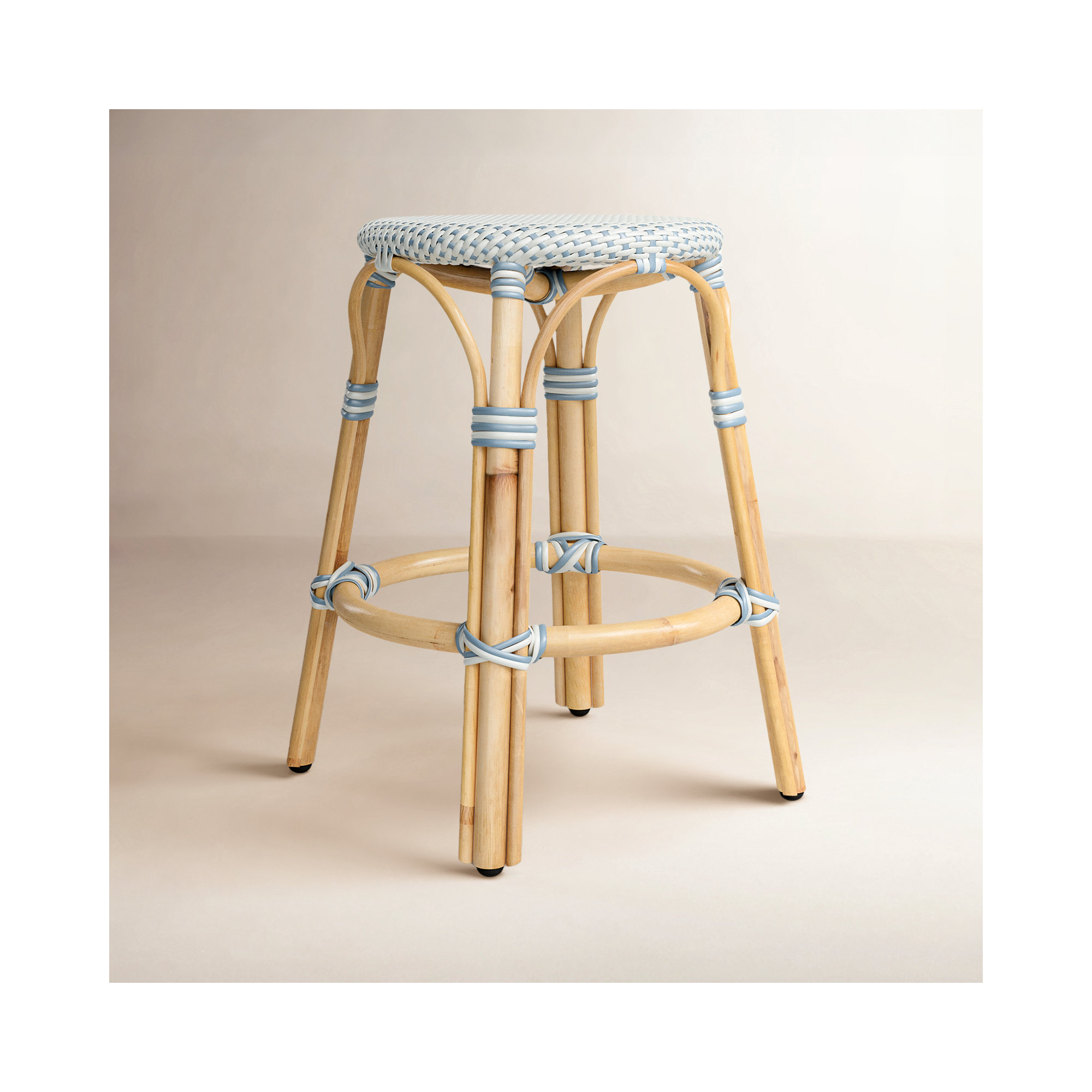 Alastair Bar & Counter Stool, Counter Stool (24" Seat Height), White/Sky Blue Dot/Natural Rattan Frame