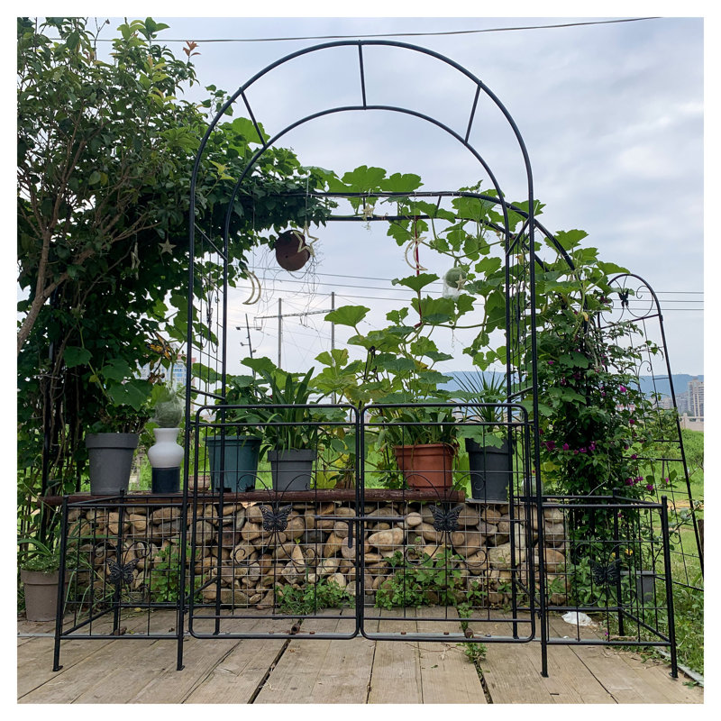 Tonnelle de jardin en métal noir avec barrière, treillis de mariage extérieur de 7,15 pi pour grimper aux roses et aux vignes