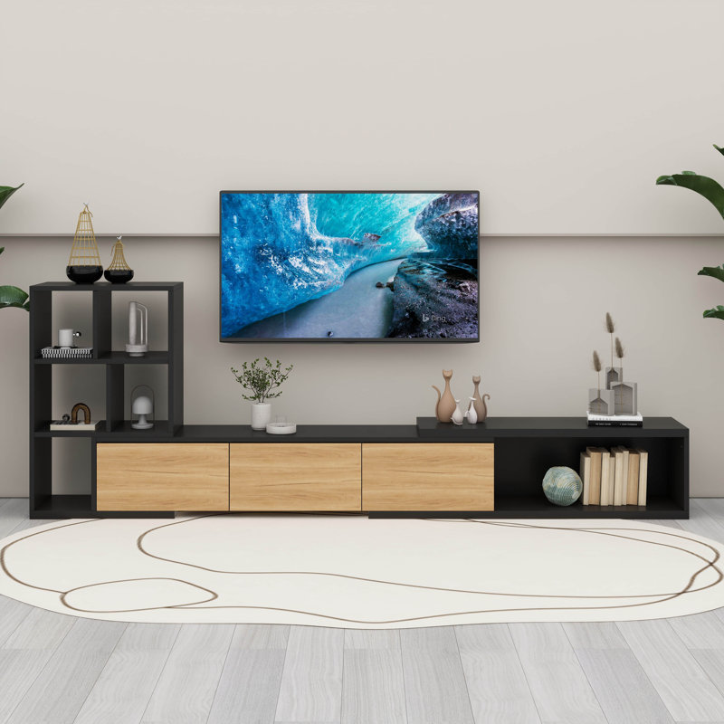 Meuble télé extensible avec tablettes à 3 niveaux, centre de divertissement réglable avec armoires de rangement, Noir