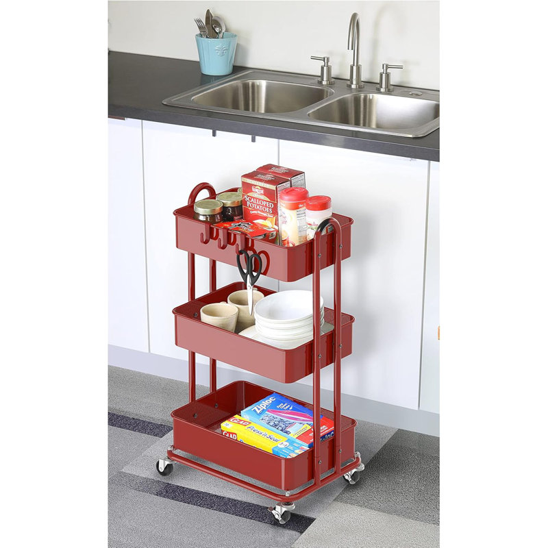 Simple Houseware 3-Tier Heavy Duty Metal Utility Rolling Cart, Red