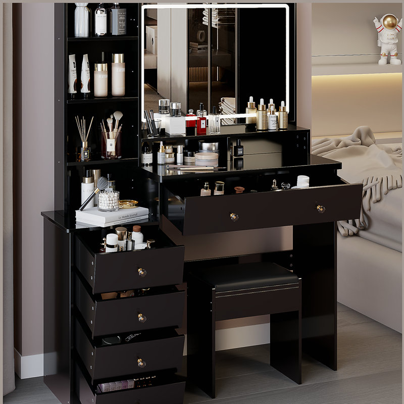 Meuble-lavabo de 41 po avec tabouret de chevet de grande taille et tabouret rembourré de 41 po, très grand miroir à DEL à commande tactile, interrupteur à 3 couleurs, commode à plusieurs étages avec rangement haute capacité, convient aux grands espaces